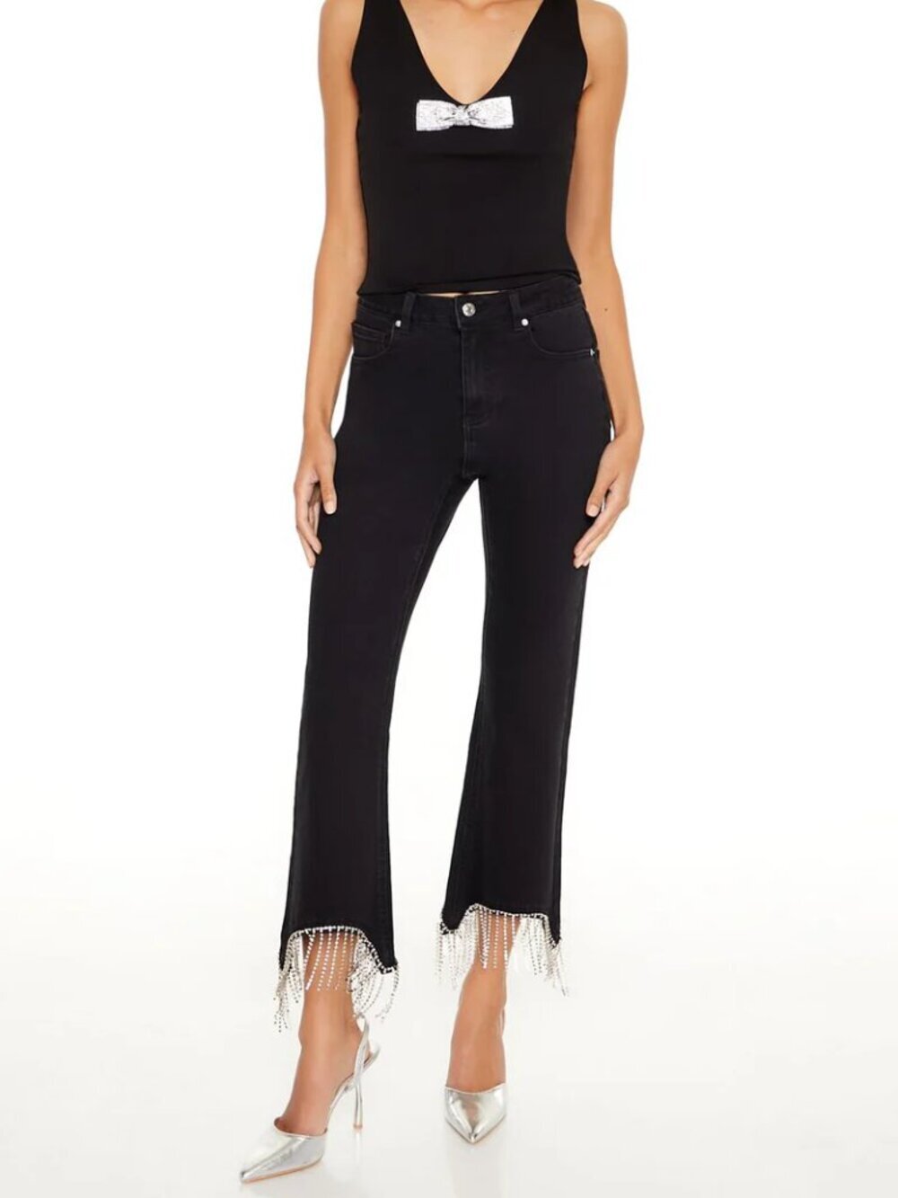 Forever 21 Black Rhinestone Fringe High-Rise Jeans 27"